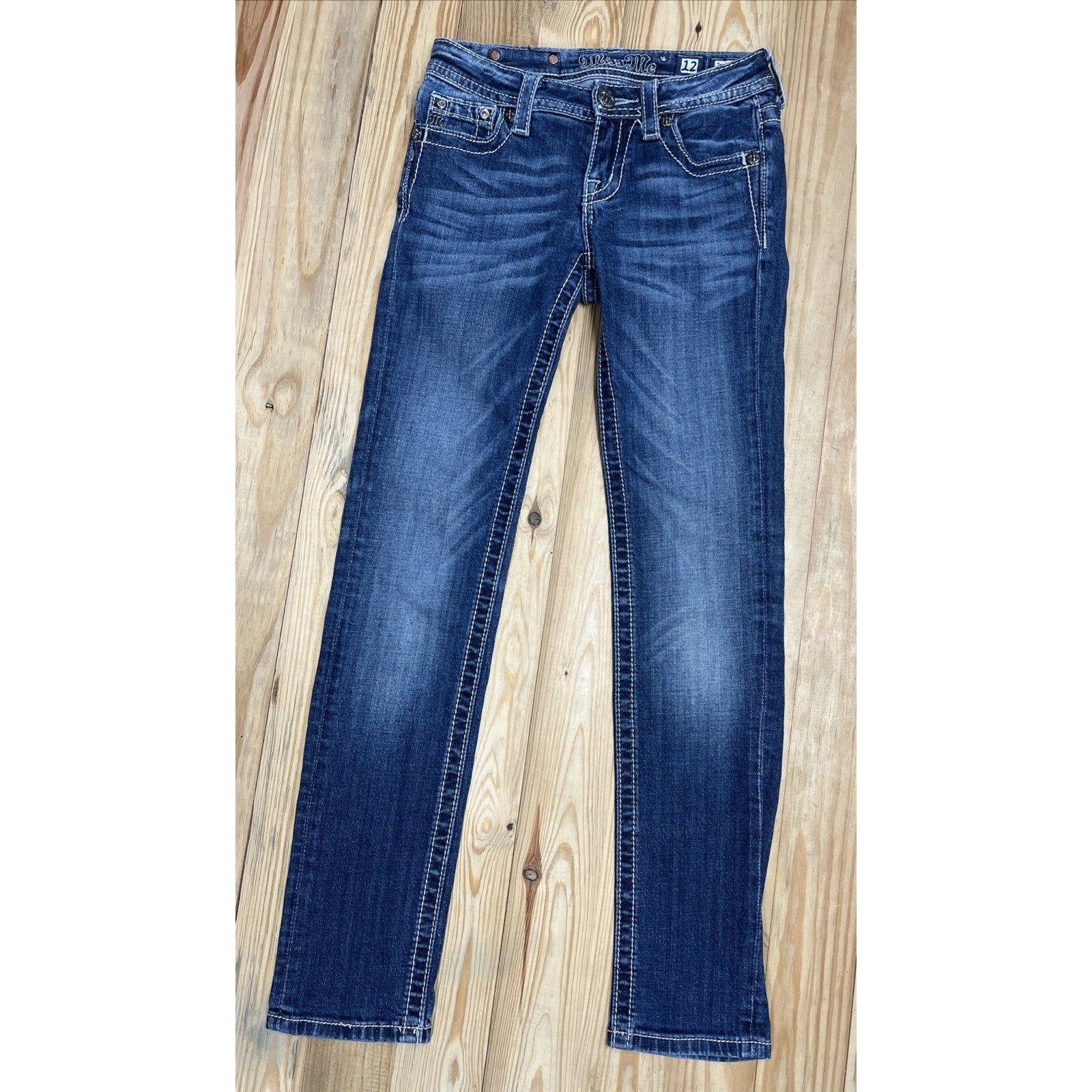 Miss Me Jeans Youth 12 Blue Denim Skinny Rhinestones Studs Dark Wash Women 25x29