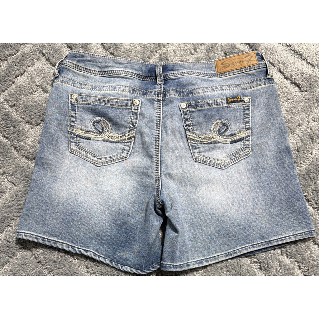 Seven 7 Shorts Womens 10 Midi Denim Medium Wash Pockets Mid Rise Embroidered