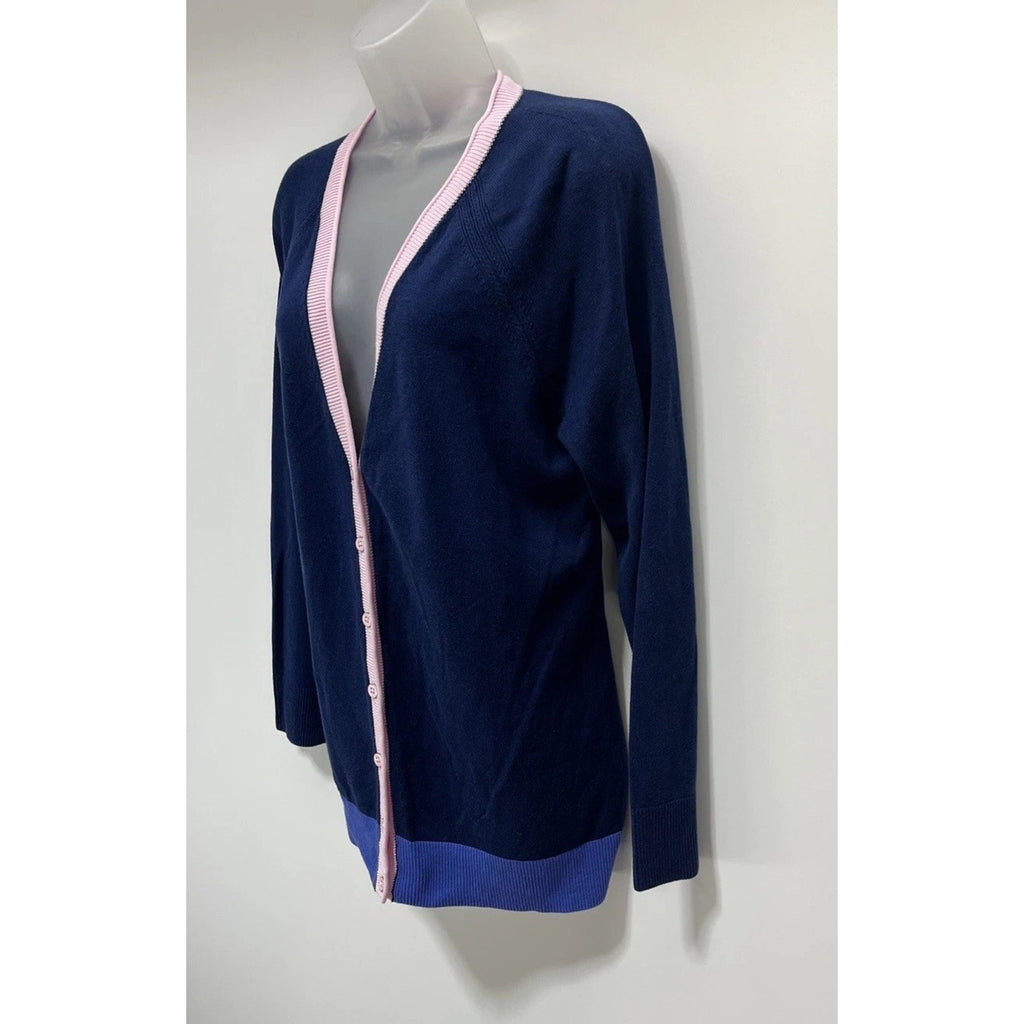 TALBOTS INDIGO NAVY BLUE/PINK TIPPED GIRLFRIEND CARDIGAN SWEATER Large