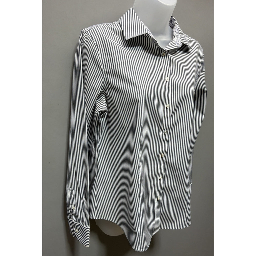 Talbots Wrinkle Resistant Striped Gray White Button Up Shirt 8 Career Preppy