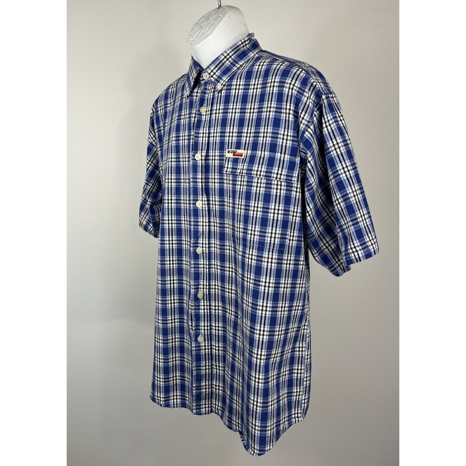 BOFF Button Down Shirts Men's Size M Casual Plaid Blue Short Sleeve Pocket EUC