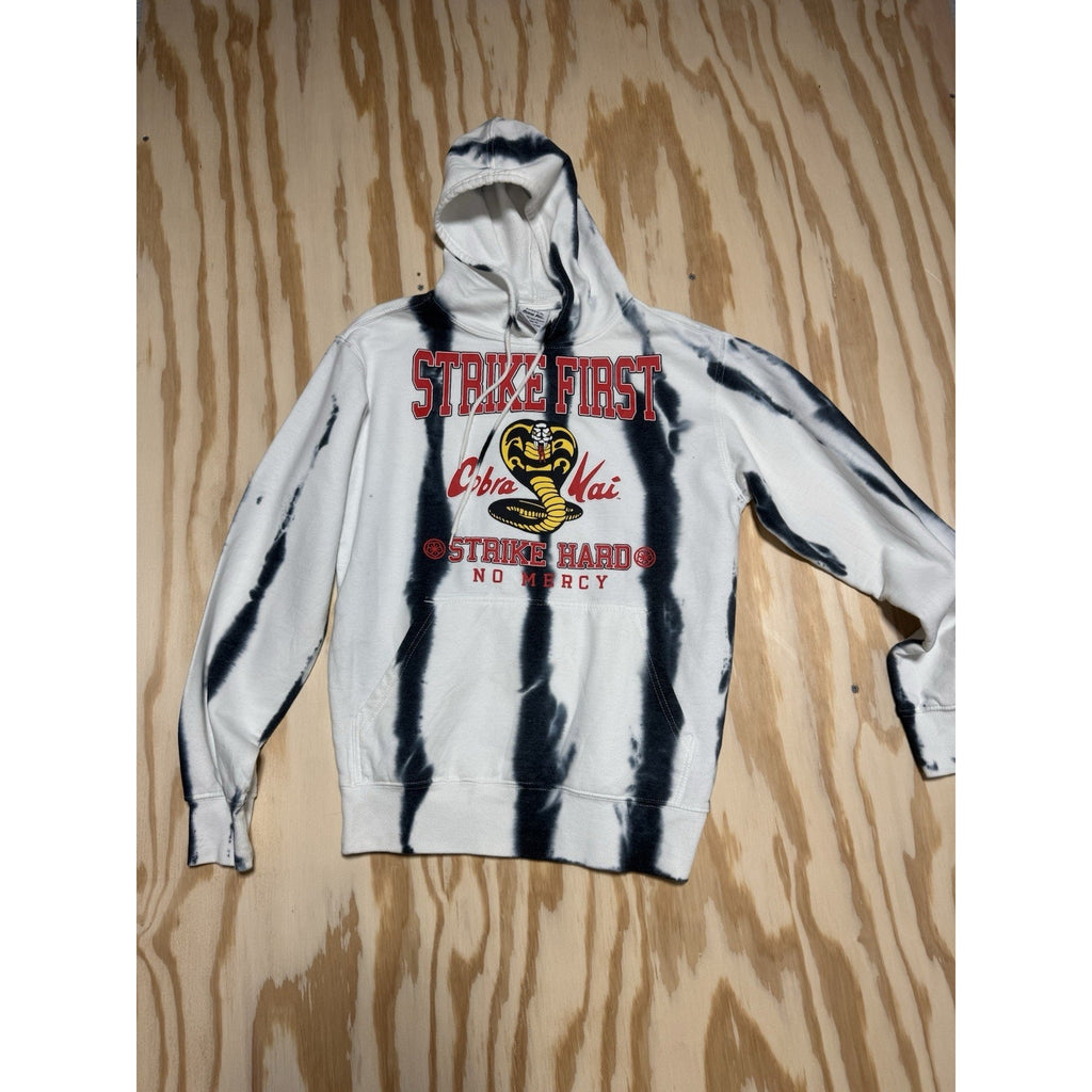 Cobra Kai Strike First Strike Hard No Mercy Hoodie Tie Dye White Black Small
