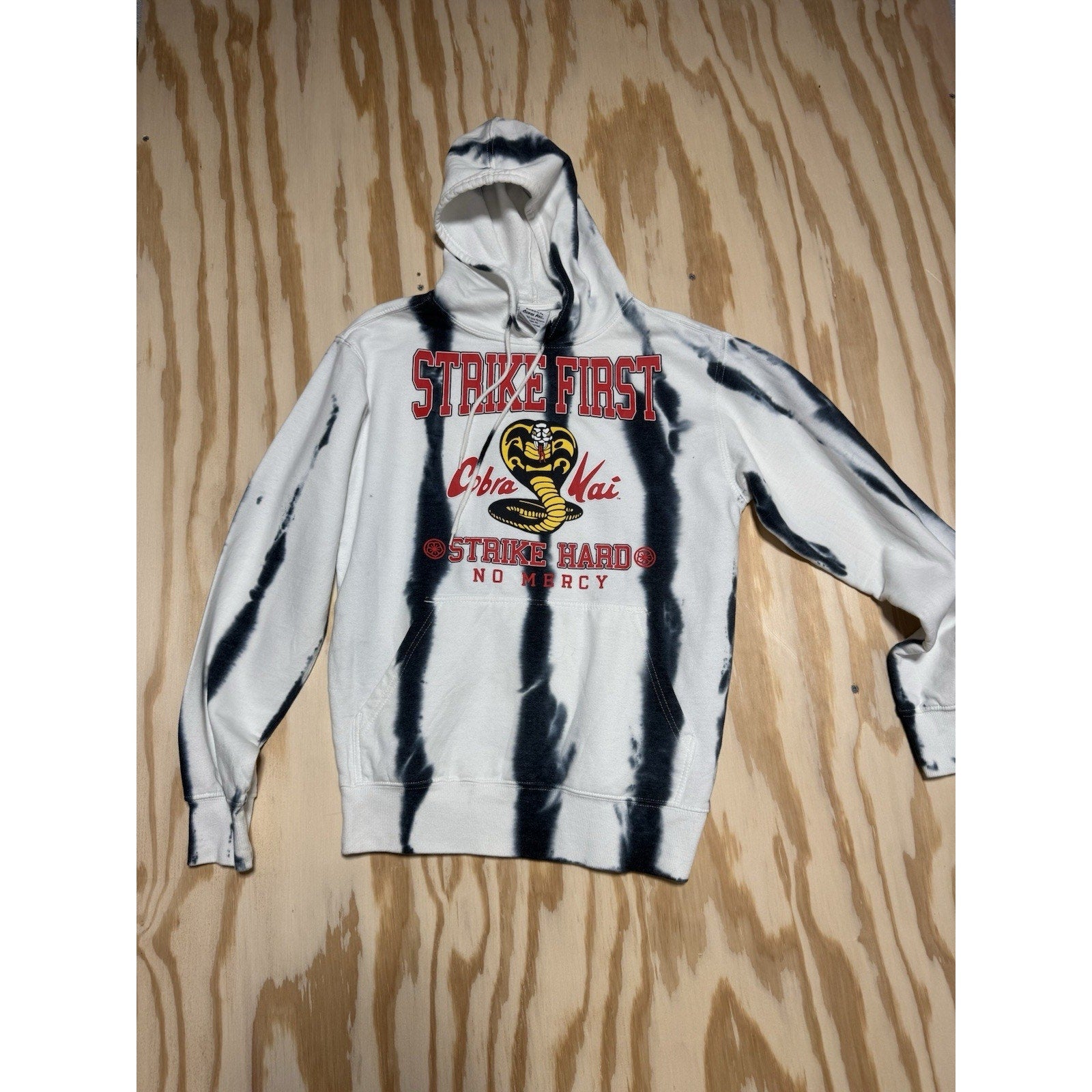 Cobra Kai Strike First Strike Hard No Mercy Hoodie Tie Dye White Black Small
