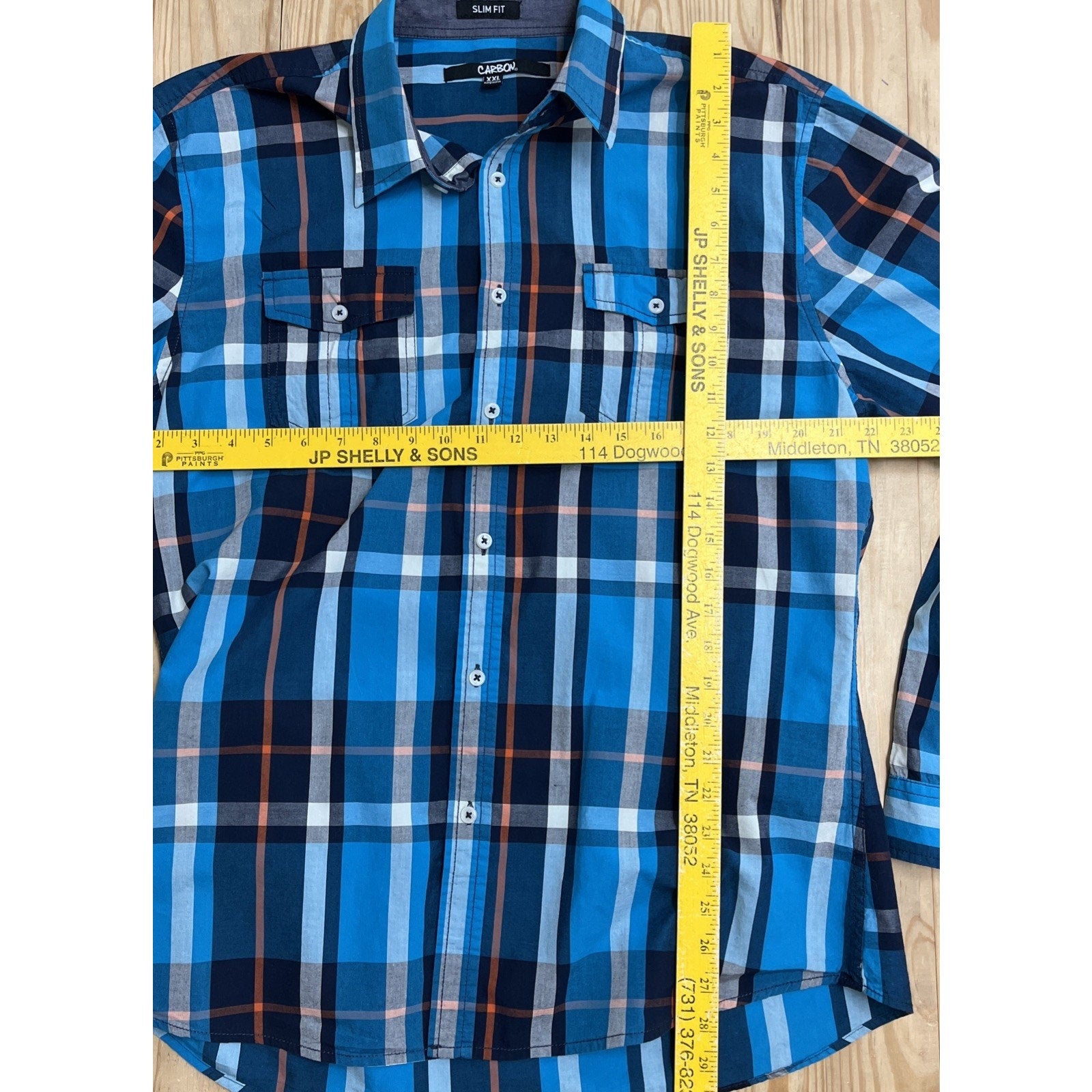 CARBON Slim Fit Mens XXL Plaid Striped Blue Long Sleeve Button Down Shirt