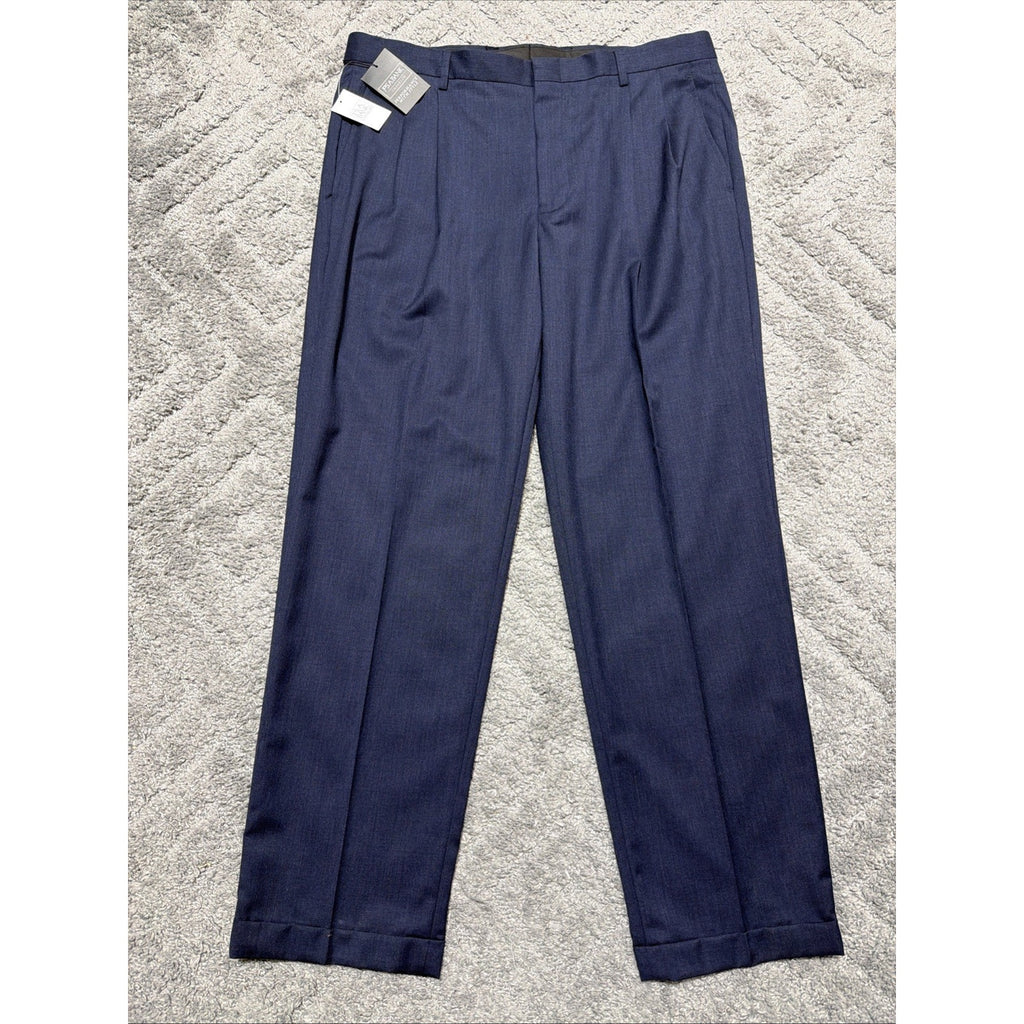 Jos A Bank 100% Wool Traveler Dress Pants Pleated Cuffed Mens Navy Cuff 38x32