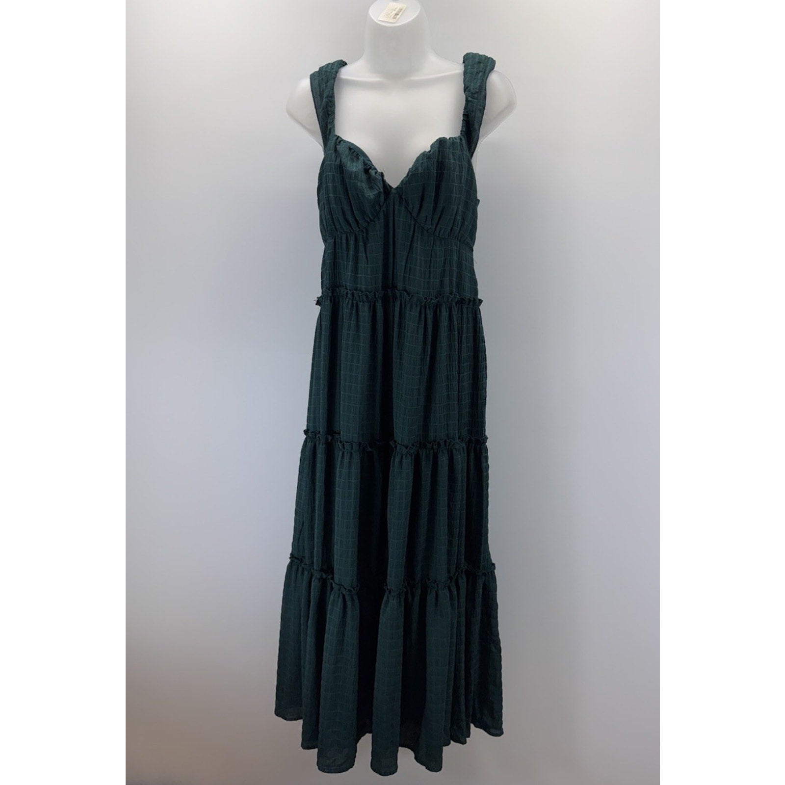 LE LIS Maxi Ruched Dress Hunter Green Ruffled Straps Tiered Size S NWT