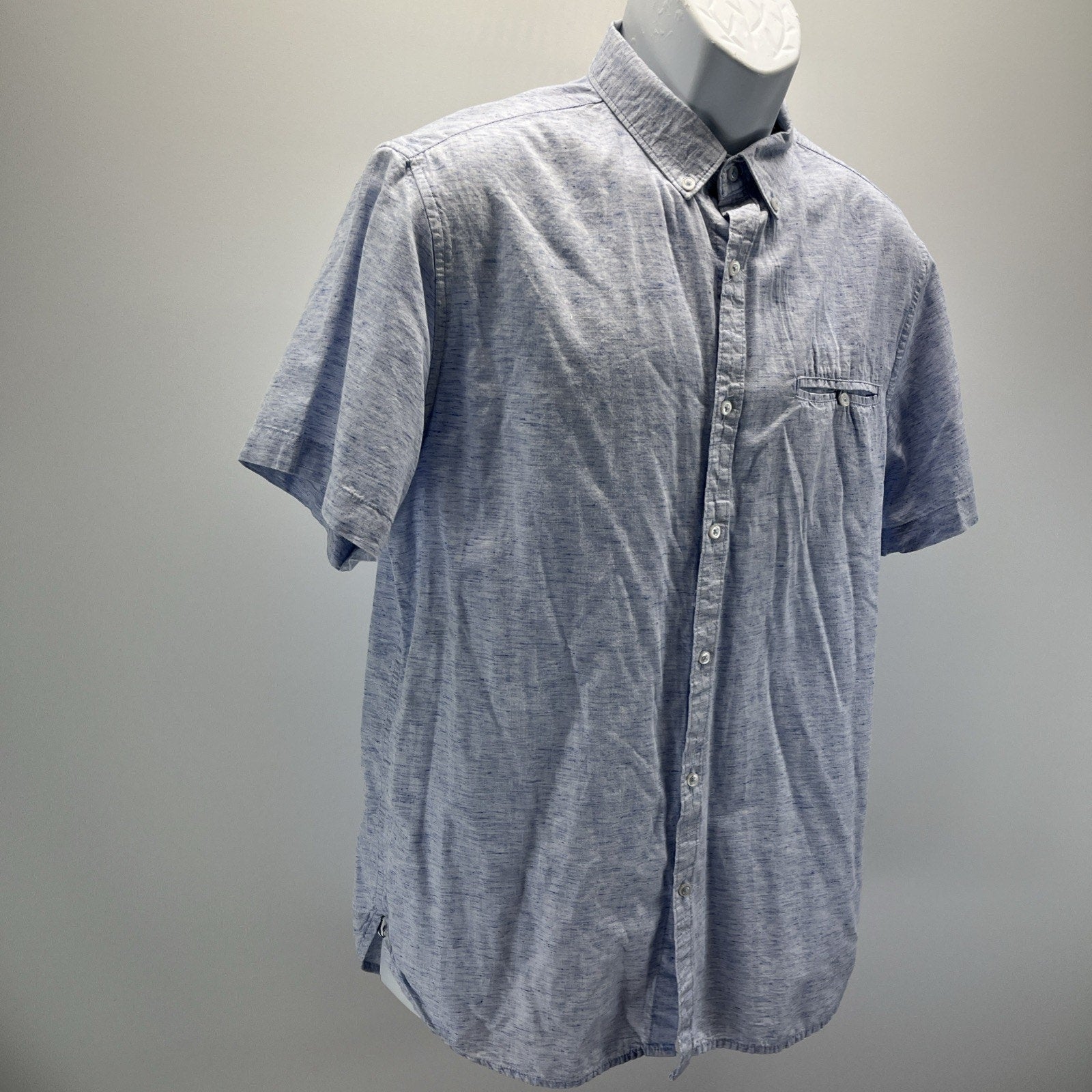 Denim And Flower Chambray Men Slim Fit Button Down Short Sleeve Cotton Shirt L