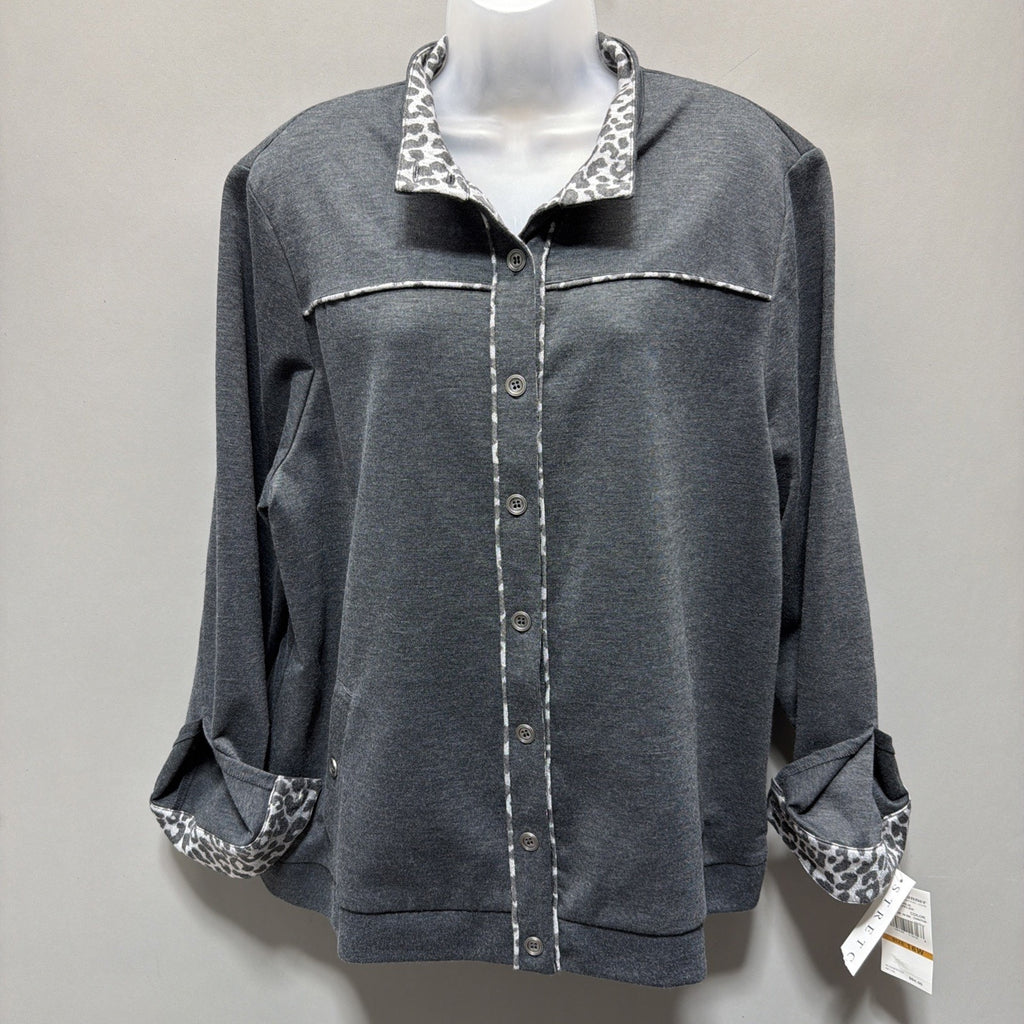 Alfred Dunner Traveler Jacket Womens 16W Gray Animal Print Trim Button Up NWT