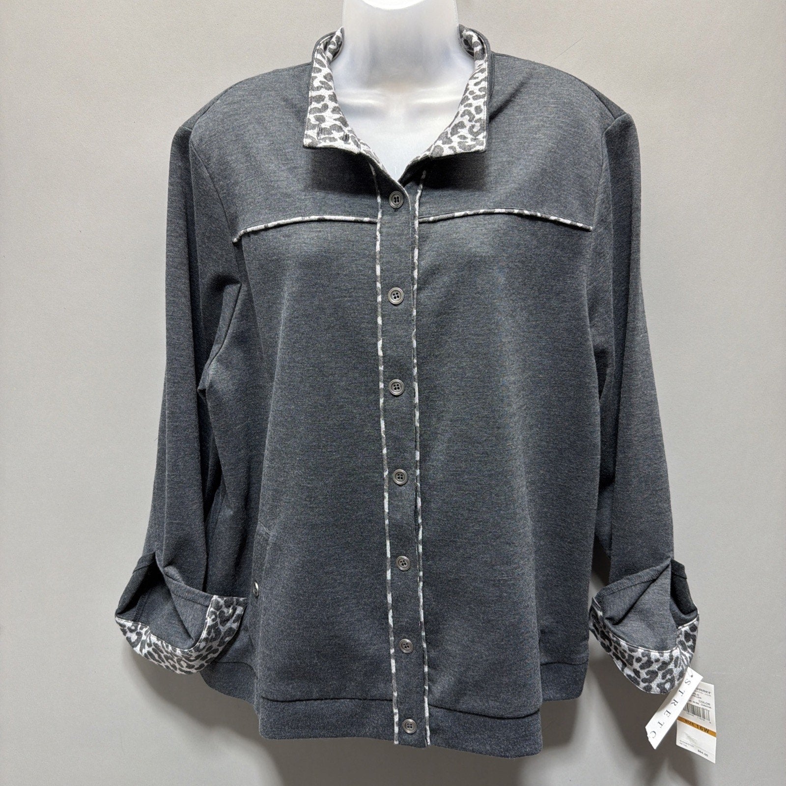 Alfred Dunner Traveler Jacket Womens 16W Gray Animal Print Trim Button Up NWT