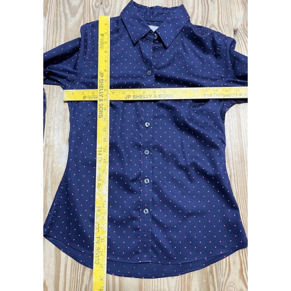Banana Republic Non Iron Shirt Top Women’s Size 0 Button Up LS Blue W/ Pink Dots