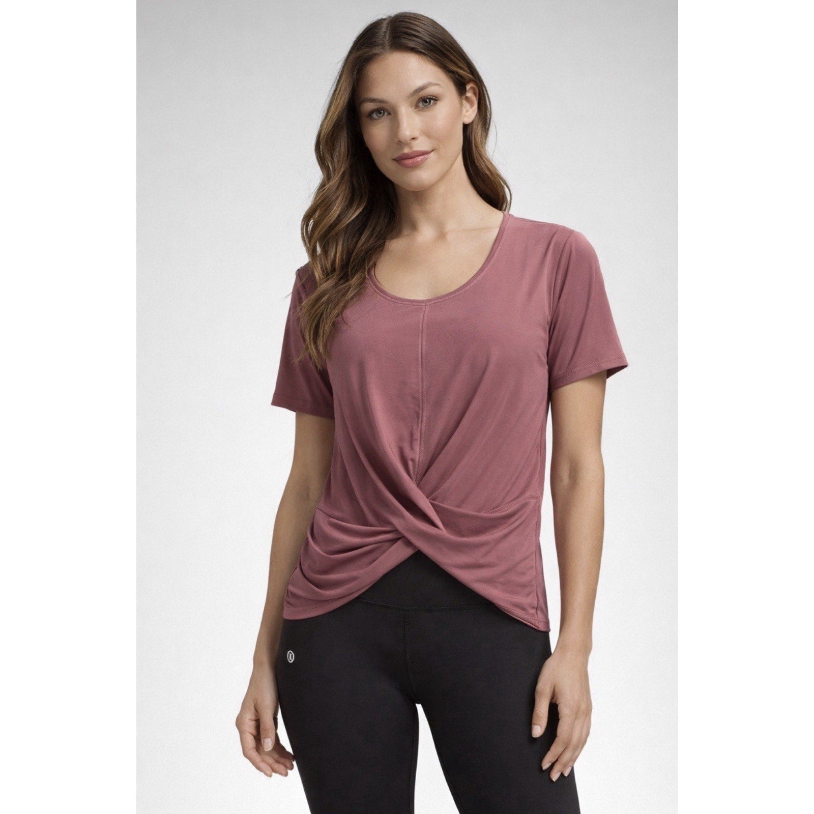 Lululemon Womens Medium Twist Front Knot Top Mauve Pink Short Sleeve Yoga No Sz