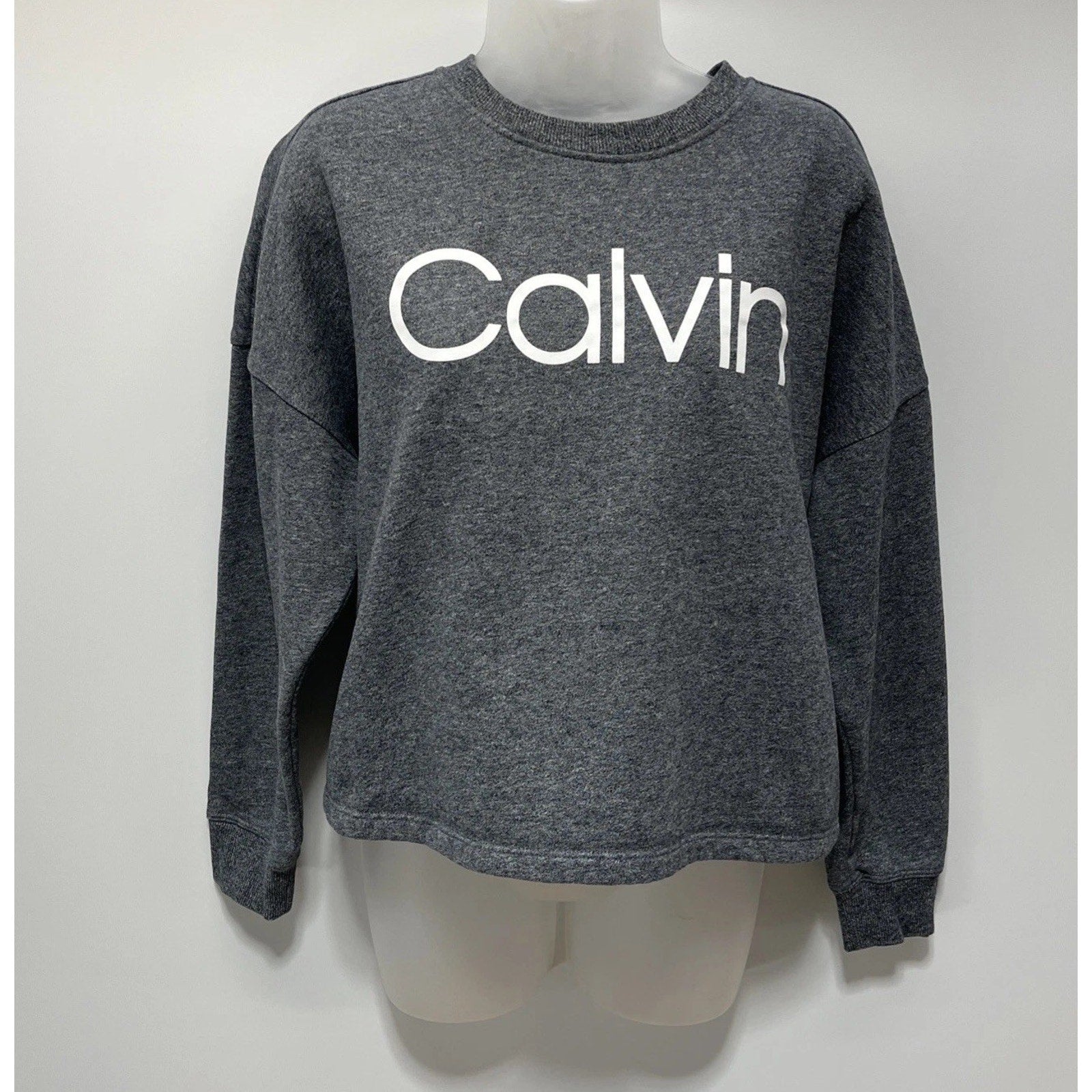 Calvin Klein Cropped Sweatshirt Womens M Gray Fleece Lined Oversized Pullover