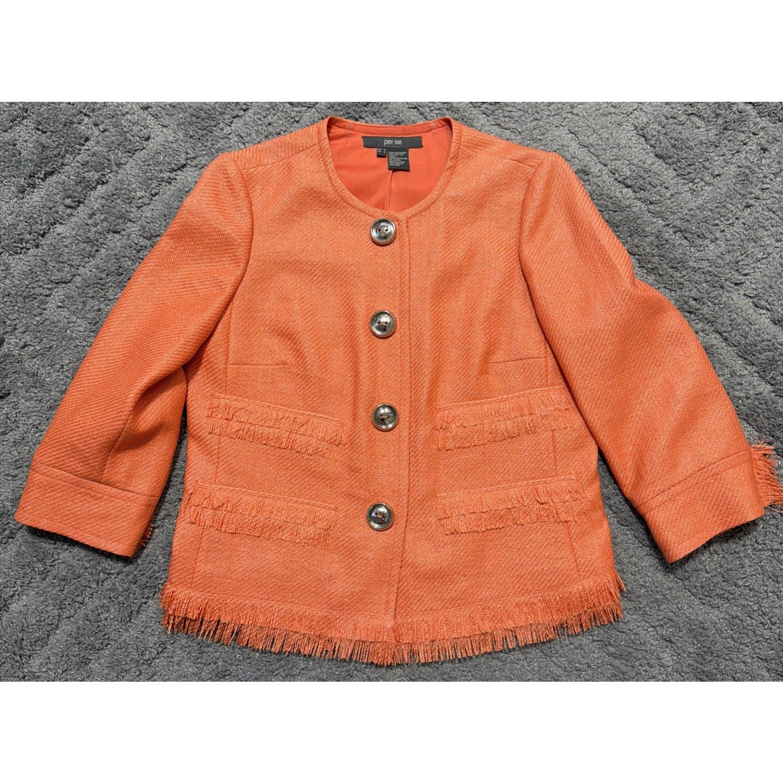 Per Se By Carlisle Orange Boucle Tweed Fringe Cropped Blazer Jacket Women’s 4