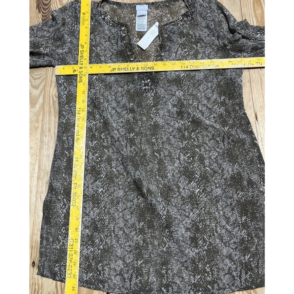 NEW Chicos Top Size 1 Medium Tan Snake Print Tunic Embellished Sheer Chiffon