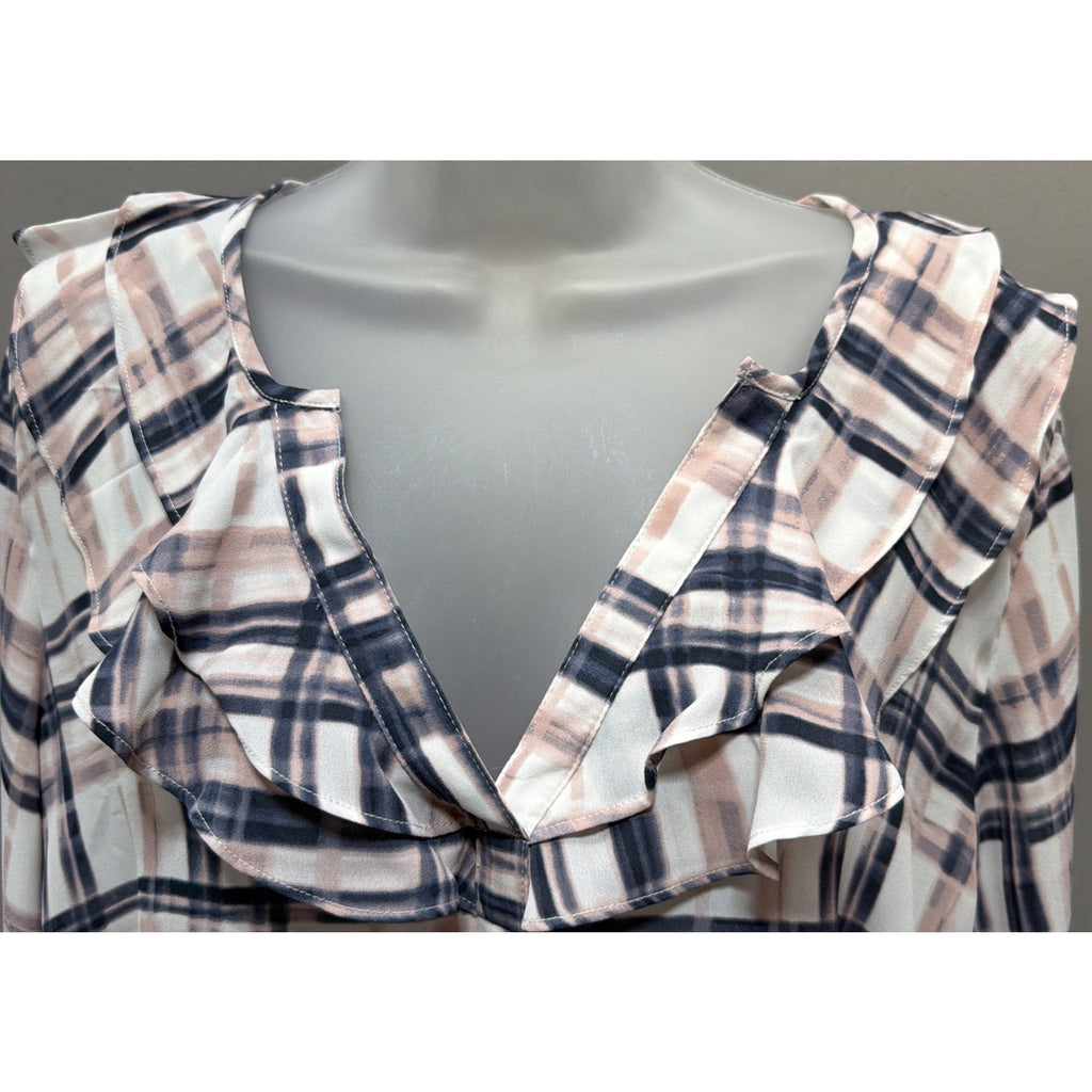LOFT Women’s Sz M Multicolor Polyester Ruffle Flare Long Sleeve V-neck Blouse