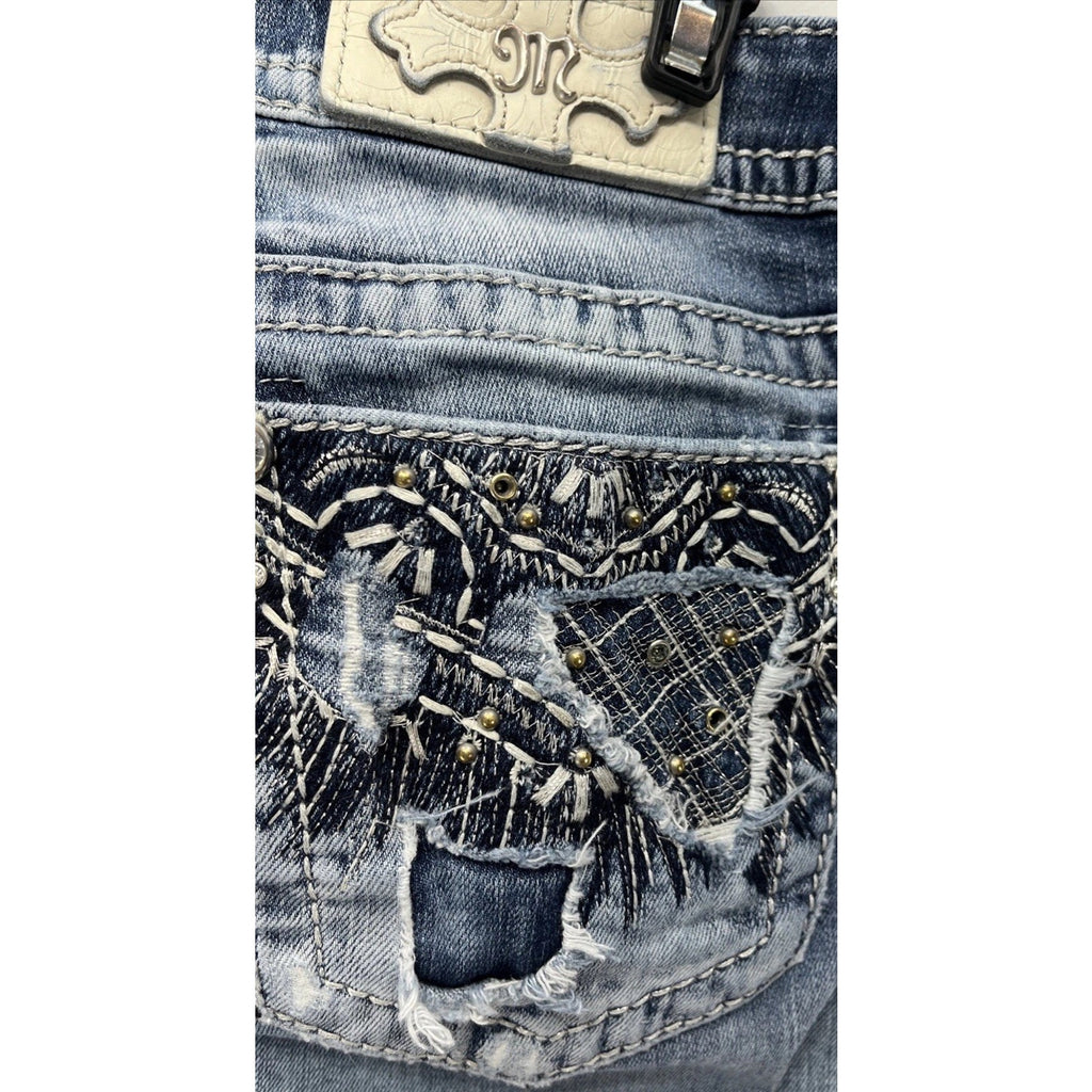 Miss Me Low Rise Signature Boot Cut Jeans Cow Design Pockets Size 26 Inseam 31.5