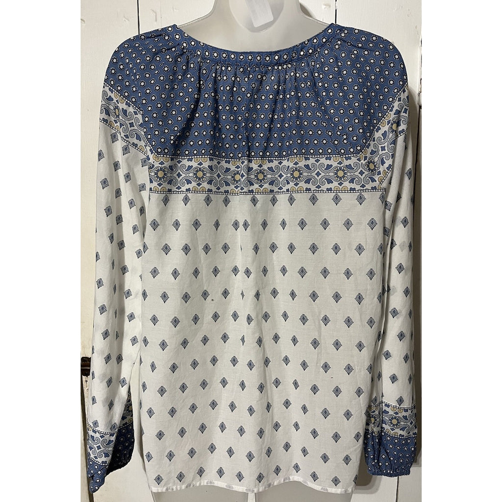 NAUTICA Women's Bright White Printed Split Tie-Neck Long-Sleeve Top Medium