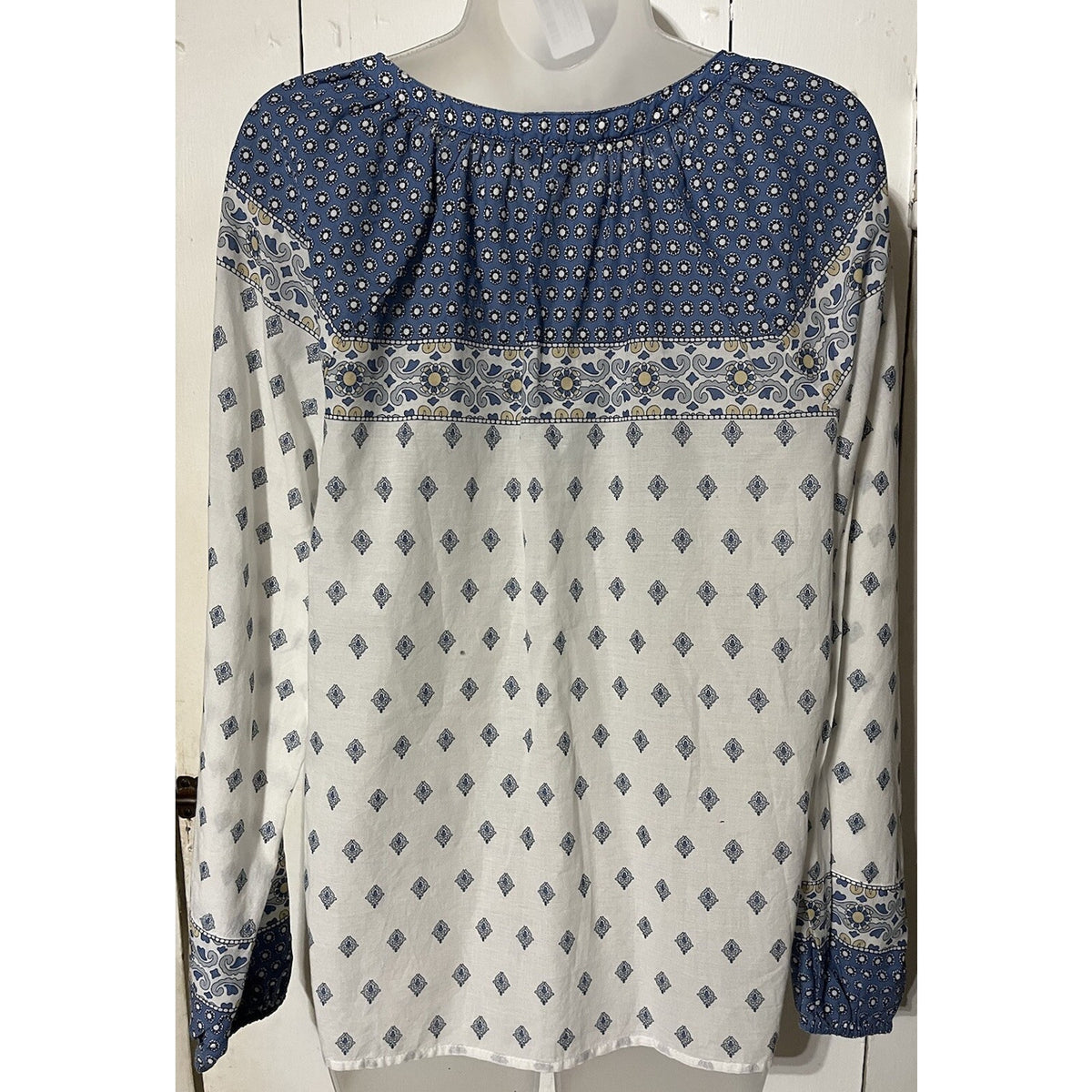 NAUTICA Women's Bright White Printed Split Tie-Neck Long-Sleeve Top Medium