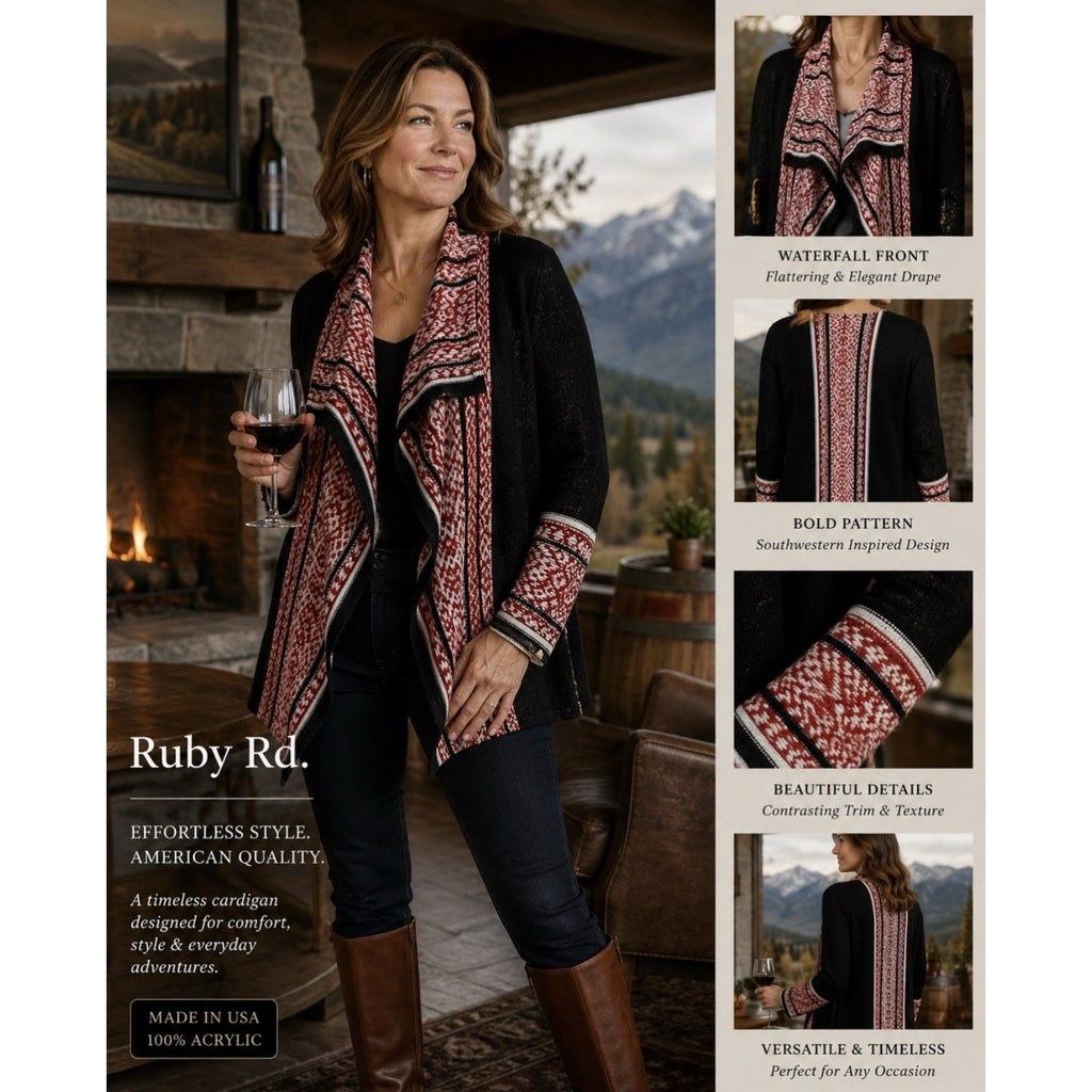 Ruby Rd Women’s Medium Open Front Cardigan Sweater Black Red USA Made Boho