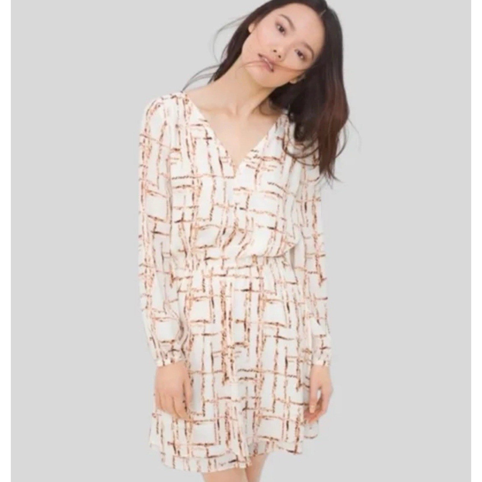 White House Black Market Modern Print Ivory Brown Geometric Dress Women’s Size 8