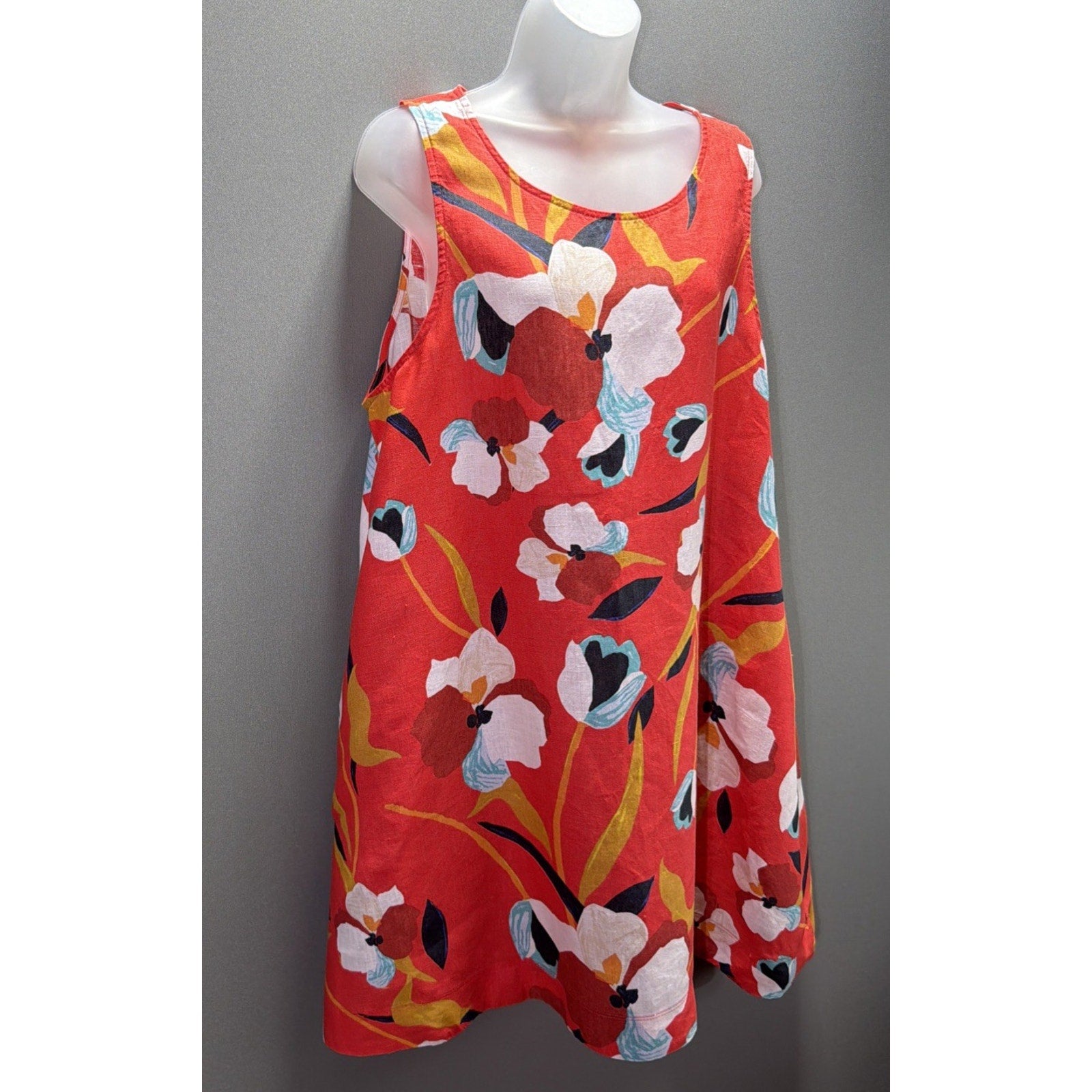Sigrid Olsen 100% Linen Floral Shift Dress Women's XL Sleeveless Pockets Beachy