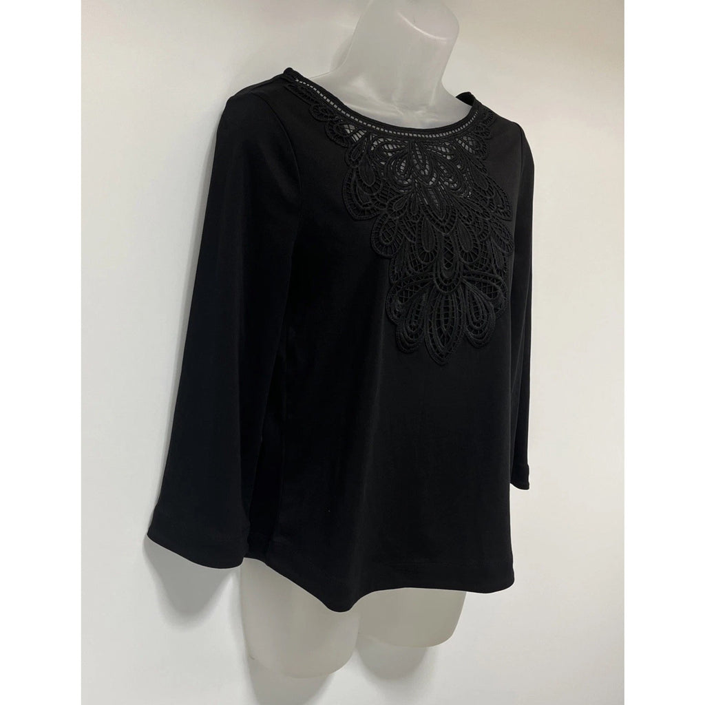 Chico's Black Lace Inset Cotton Top Women's 00 XS 3/4 Sleeves