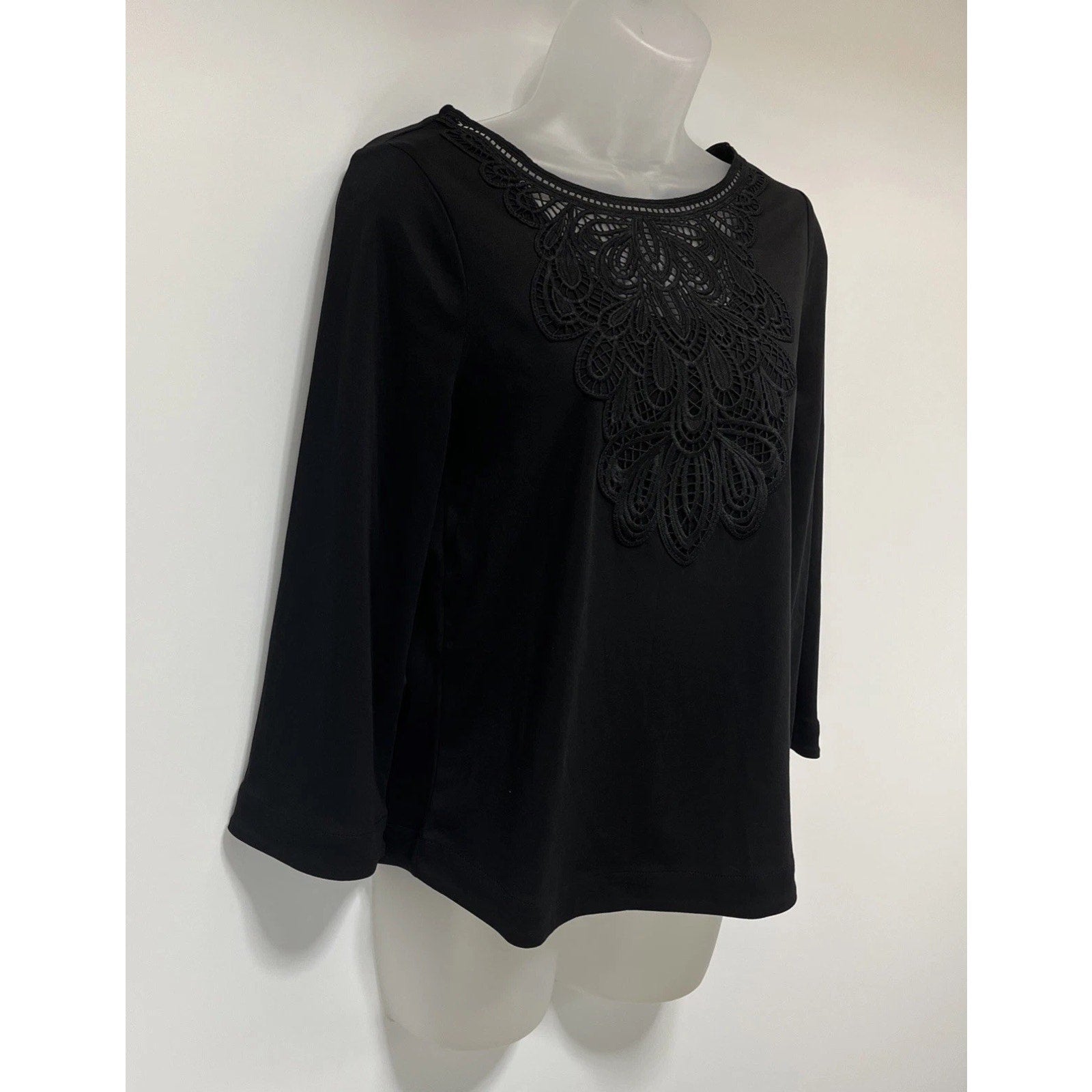 Chico's Black Lace Inset Cotton Top Women's 00 XS 3/4 Sleeves