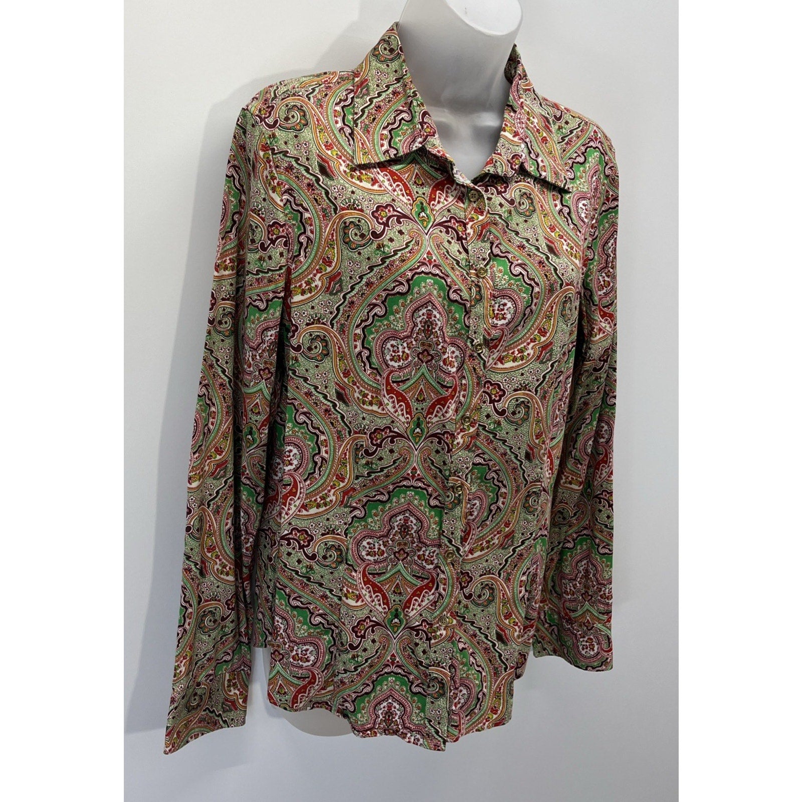 Talbots Green Red Paisley Button Down Shirt Stretch Collared Long Sleeve 14