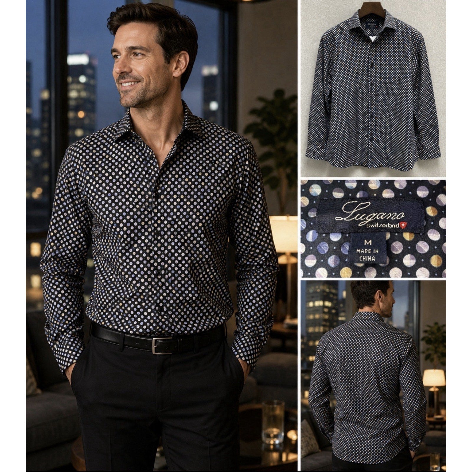 LUGANO Switzerland Multi Color Dot Print Button Down Dress Shirt Stretch Size L