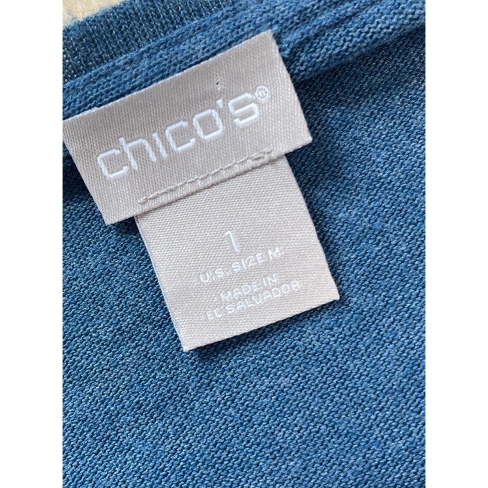 Chico's Size 1 M Blue Tunic Top Blouse 3/4 Long Sleeve Women Soft Rayon Spandex