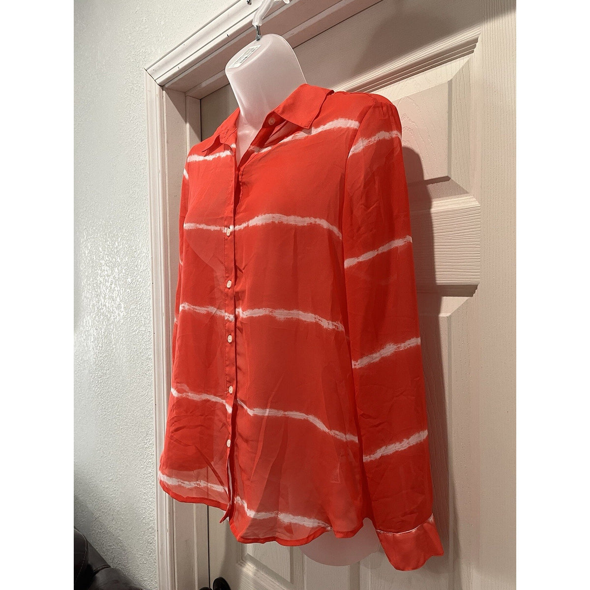 Old Navy Tye Dye Coral Orange Red Stripe Chiffon Shirt Size Small Button Up