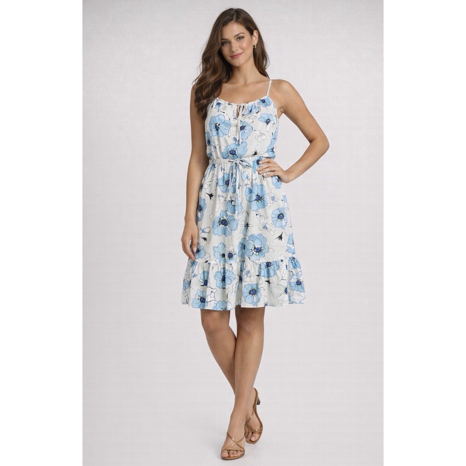 Calvin Klein Women’s Floral Sleeveless Dress Size 10 Blue White Tiered Tie Neck