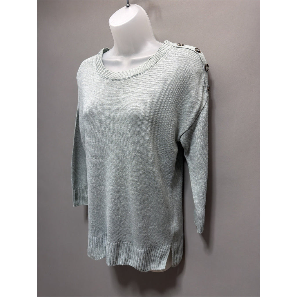 Tahari Sweater Green 100% Linen Relaxed Button Accent Beachy Pullover sweater M