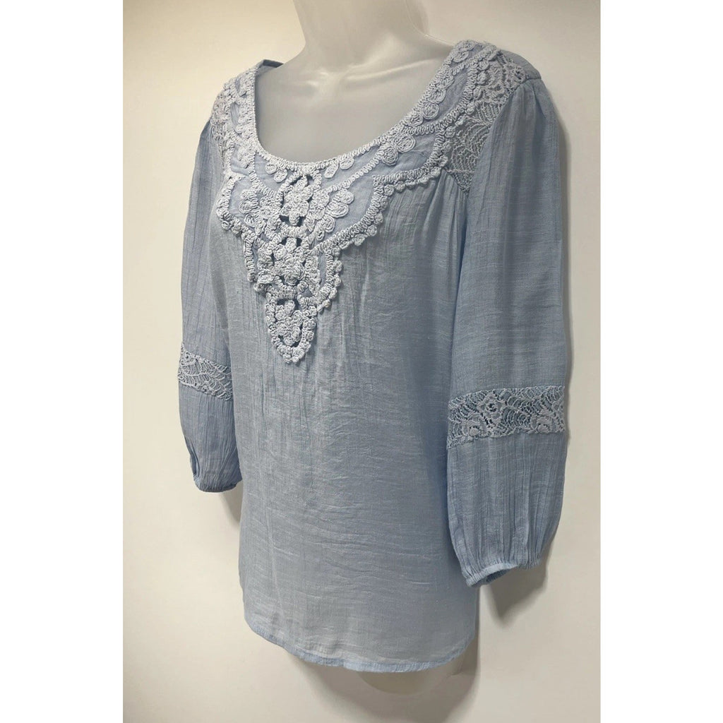 Indigo Rose M Blue Long Balloon Sleeve Crochet Lace Floral Embroidered Top