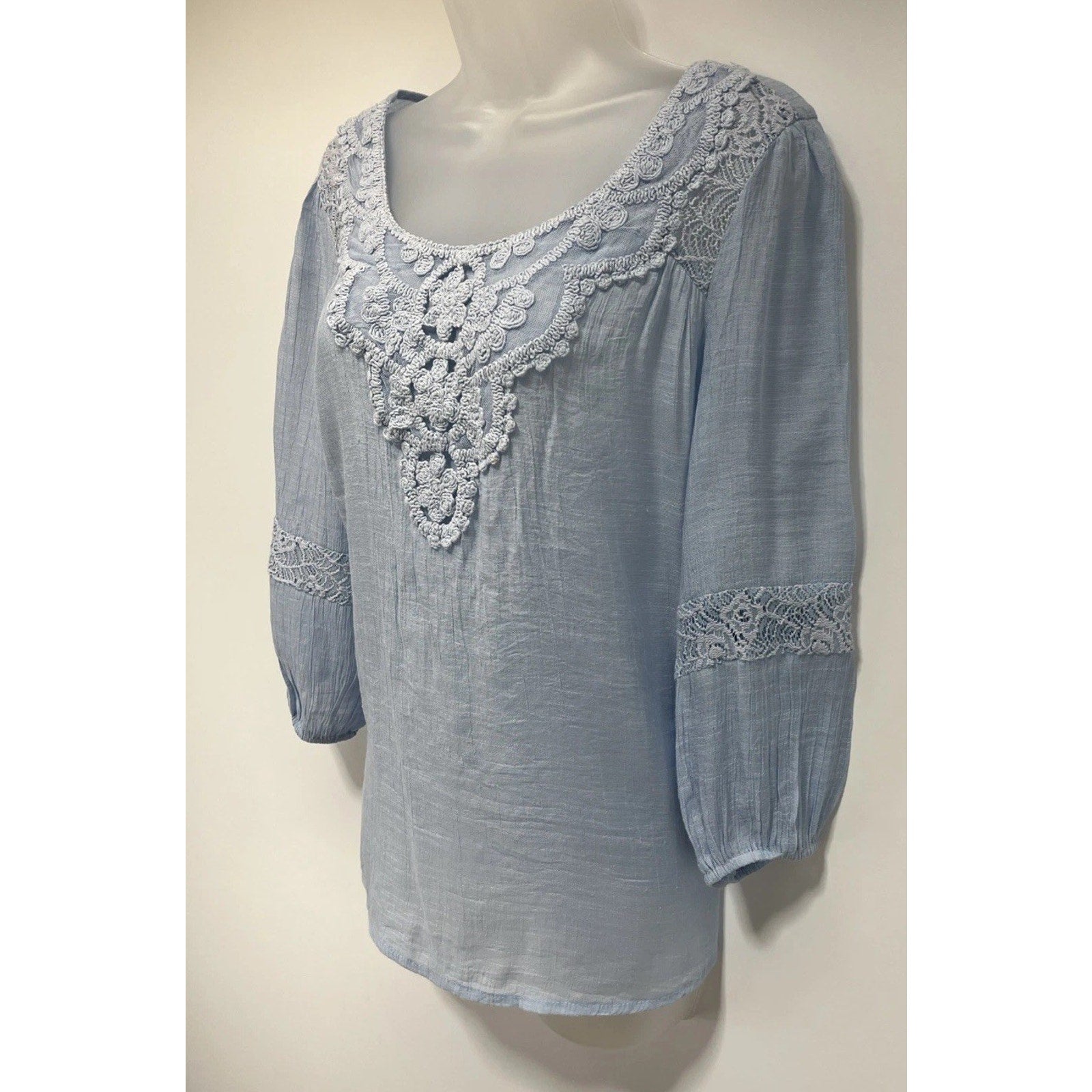 Indigo Rose M Blue Long Balloon Sleeve Crochet Lace Floral Embroidered Top