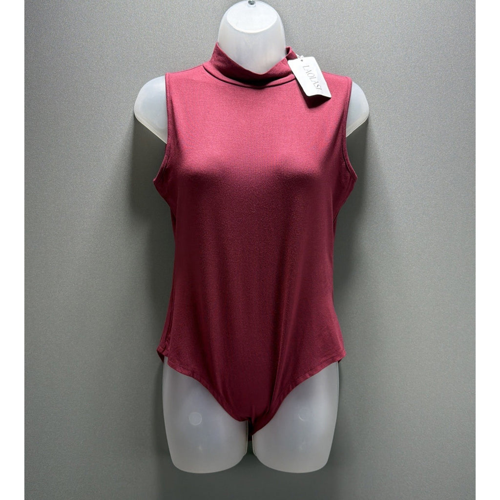 LAOLASI Mock Neck Bodysuit Womens L Fuchsia Sleeveless Snap Closure Stretch NWT
