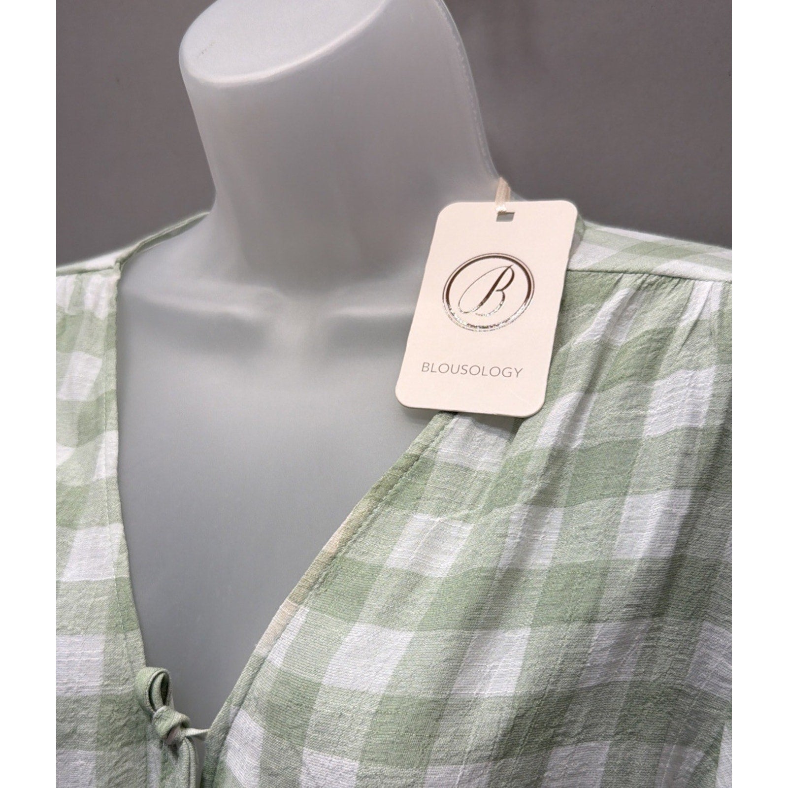 Women’s Blousology White Green Gingham Check Crop Blouse Size Large New