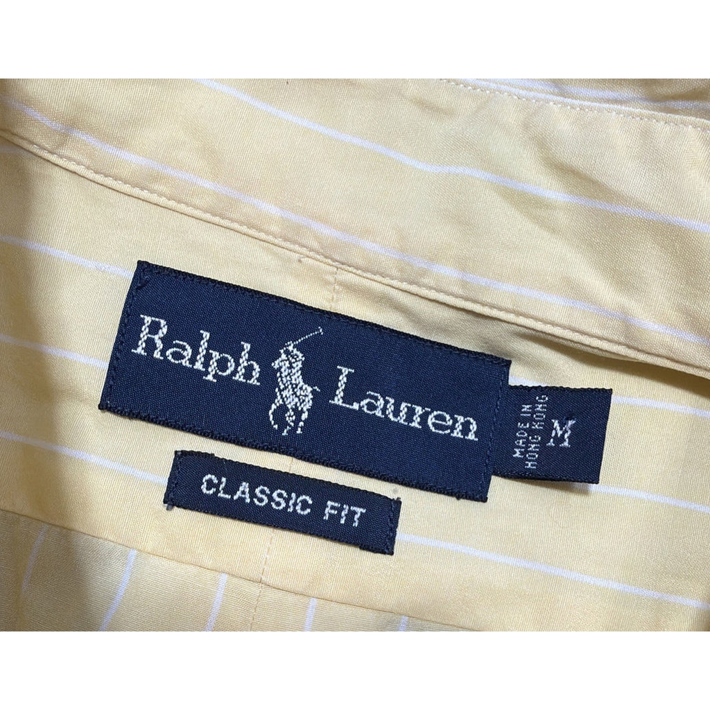 Vtg Polo RALPH LAUREN Shirt Classic Fit Yellow Stripe Size M Hong Kong Flaw