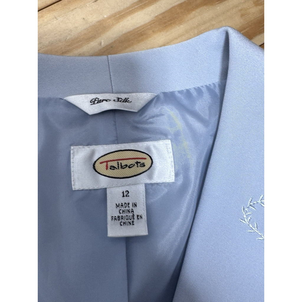 Talbots Pure Silk Blue Blazer Jacket Business Elegant Embroidered Women’s Size12