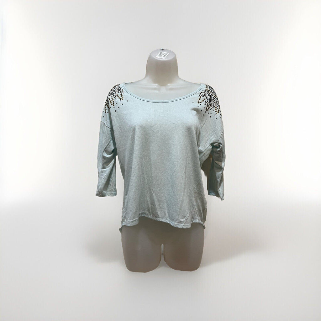 Eyelash Couture Light BlueFloral Sleeve Embellished 3/4 Sleeve Blouse Women's XS