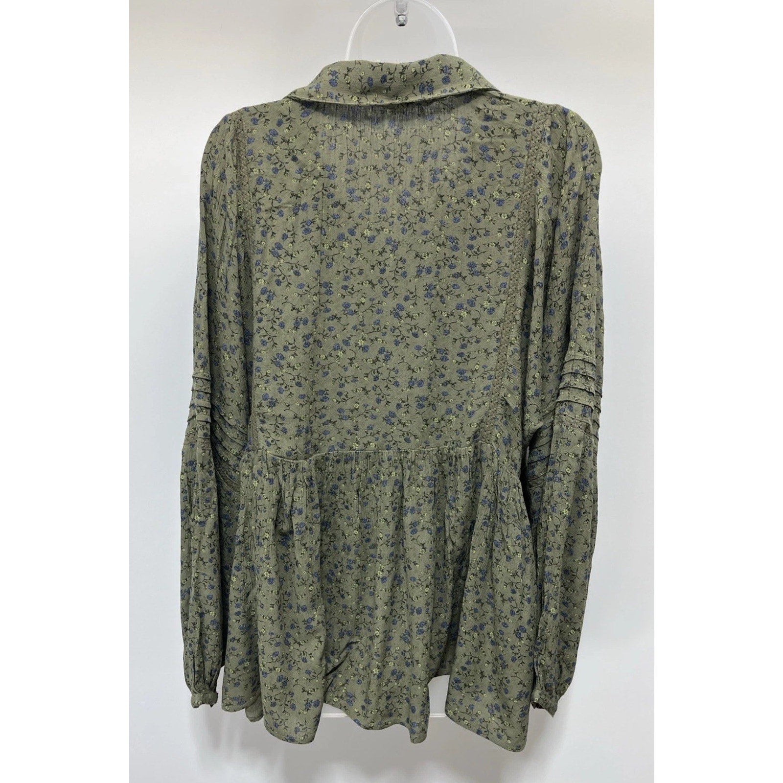 NWT Lucky Brand Blouse - Floral Print Boho Flowy Lace Trim Green Blouse -Size M