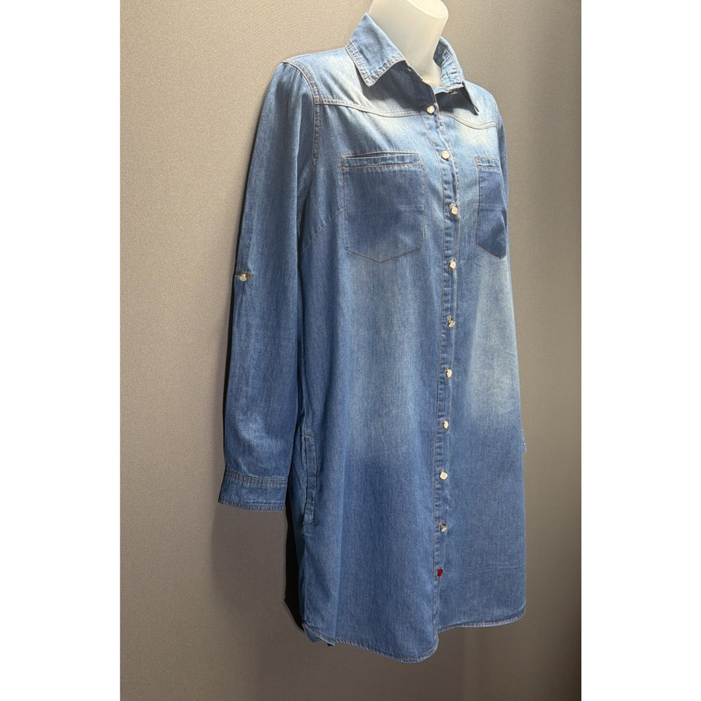 Leshop Denim Chambray Shirt Dress Oversized Fit & Flare Long Sleeve w/Pockets S