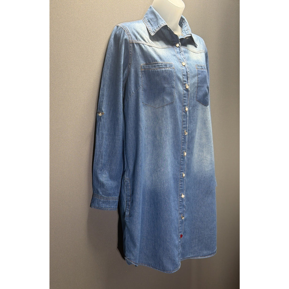 Leshop Denim Chambray Shirt Dress Oversized Fit & Flare Long Sleeve w/Pockets S