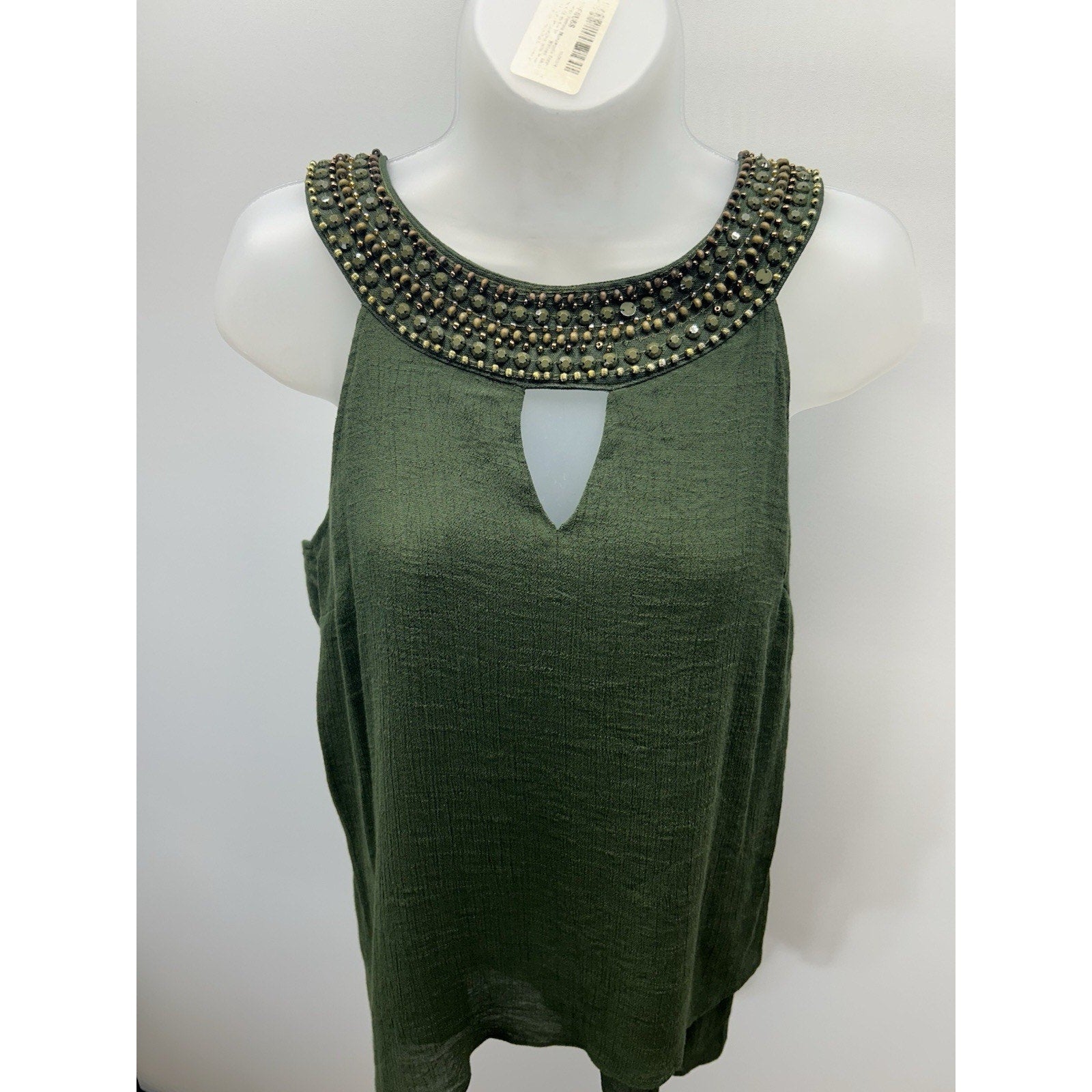AB Studio Beaded Embellished Gauze Sleeveless Top Medium Asymmetrical Hem Green