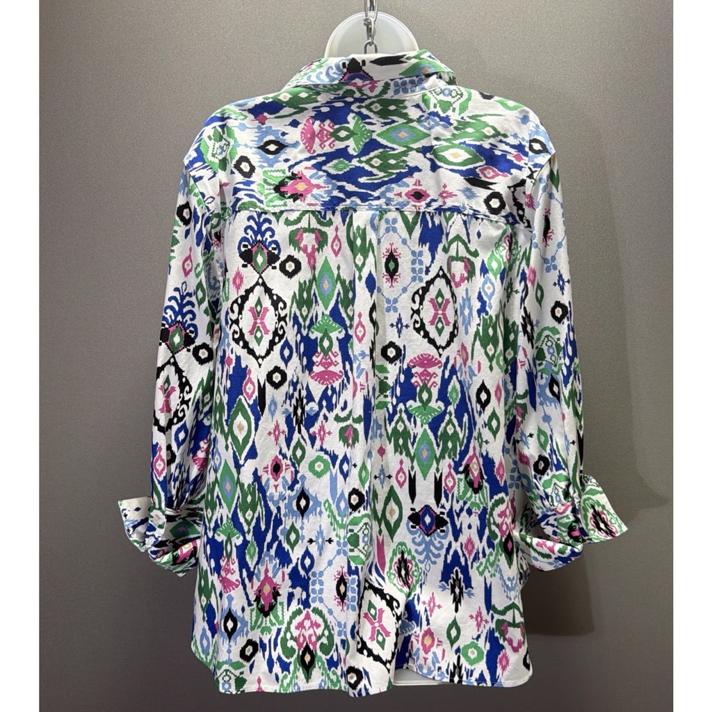 Chico’s No Iron Stretch Aztec Multi Color Button Front Top Size 4 Plus Size 20