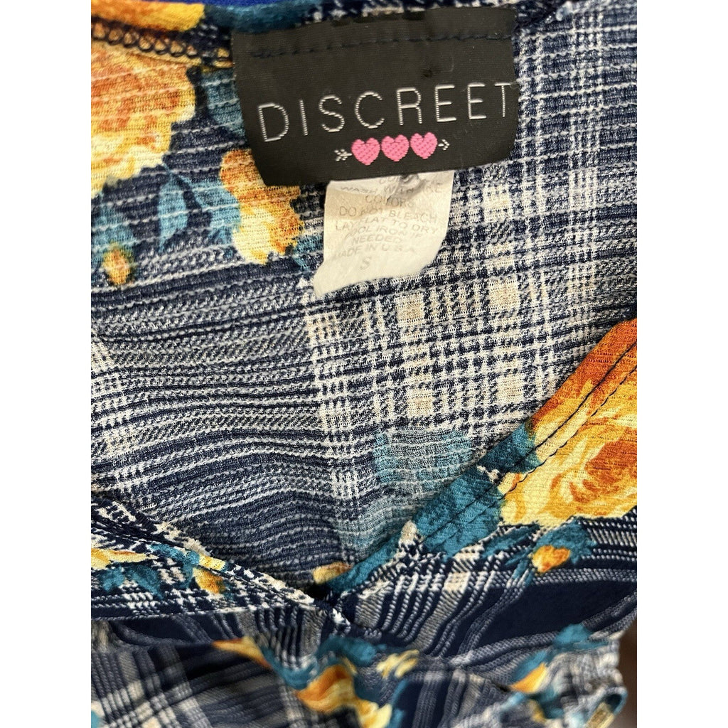 Discreet Blue Plaid Floral V-Neck Short Sleeve Crop Top Women's Size Small