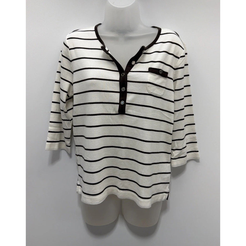 Lauren Ralph Lauren Womens Size L White Black Striped Cotton Blouse