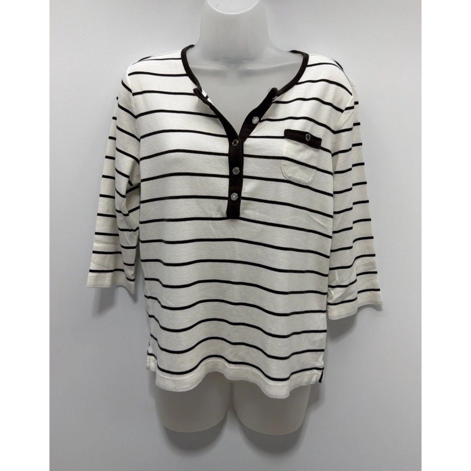 Lauren Ralph Lauren Womens Size L White Black Striped Cotton Blouse
