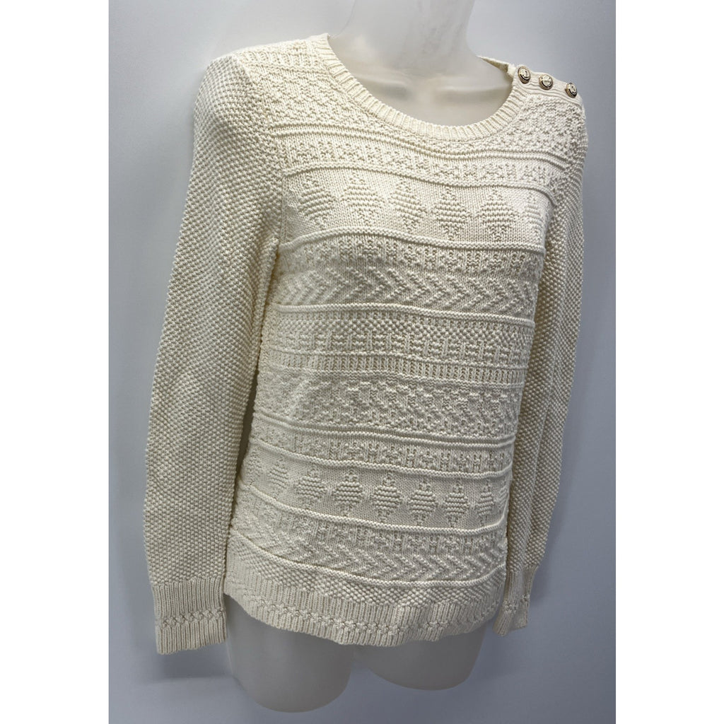 Talbots Womens Cream Textured Nautical Sweater Size XS Anchor Shoulder Buttons