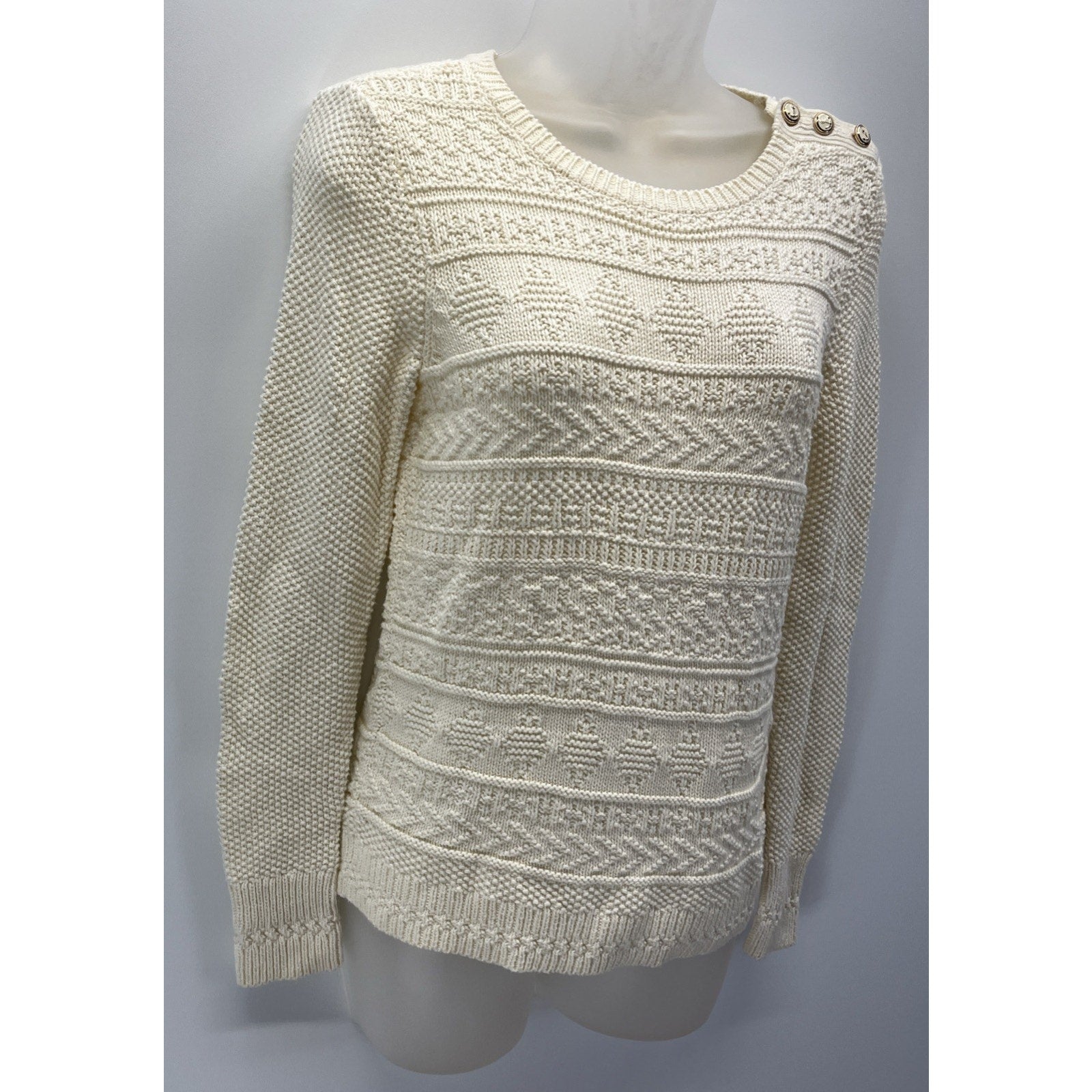 Talbots Womens Cream Textured Nautical Sweater Size XS Anchor Shoulder Buttons